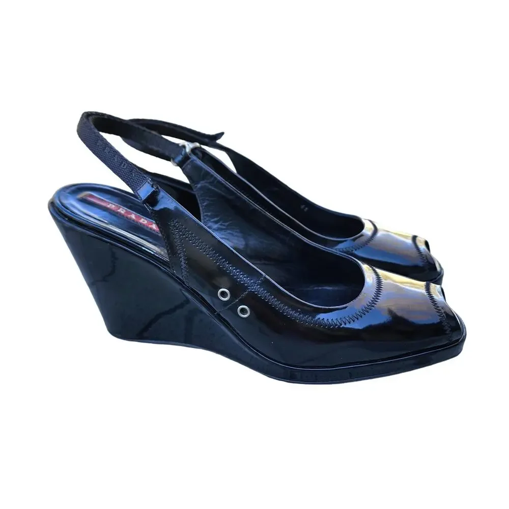 Prada Black Sport Patent Leather Peep Toe Wedge Slingback Sandals 41